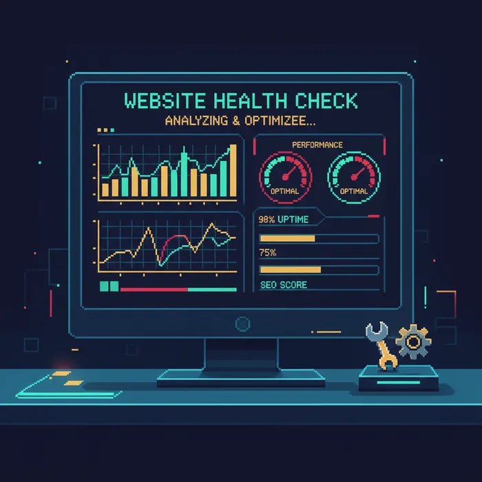 Pixel art illustration of a website diagnostic dashboard